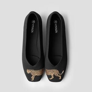 VIVAIA Black Leopard Embroidered Flats